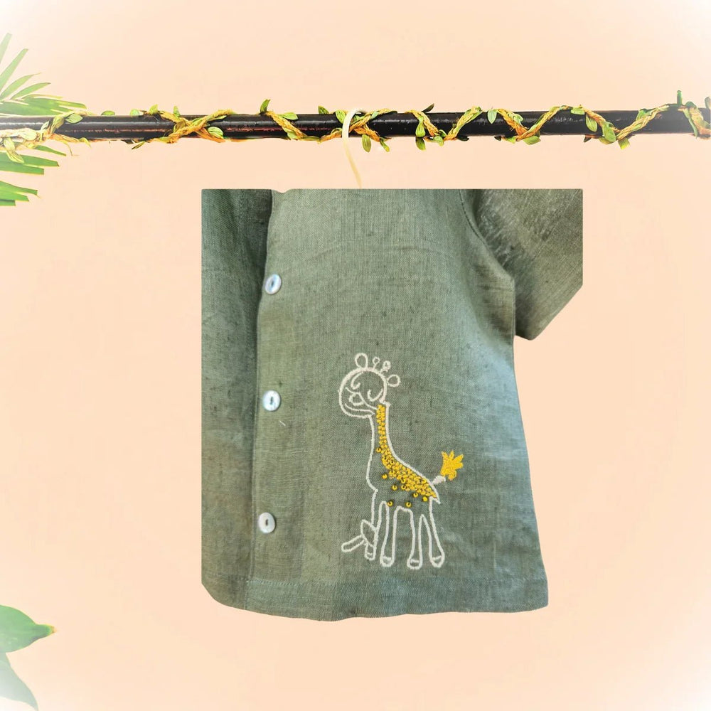 Olive Green Pure Linen Embroidered Coord Set for Boys - BYB PREMIUM