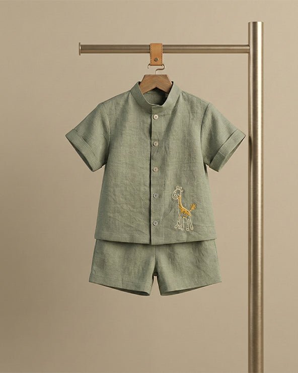 Olive Green Pure Linen Embroidered Coord Set for Boys - BYB PREMIUM