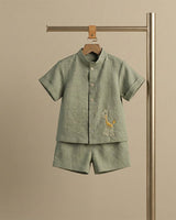 Olive Green Pure Linen Embroidered Coord Set for Boys - BYB PREMIUM