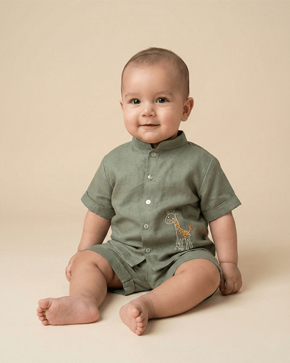 Olive Green Pure Linen Embroidered Coord Set for Boys - BYB PREMIUM