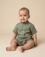 Load image into Gallery viewer, Olive Green Pure Linen Embroidered Coord Set for Boys - BYB PREMIUM
