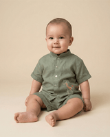 Olive Green Pure Linen Embroidered Coord Set for Boys - BYB PREMIUM