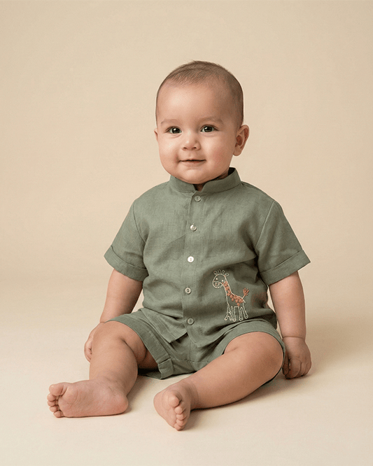 Olive Green Pure Linen Embroidered Coord Set for Boys - BYB PREMIUM