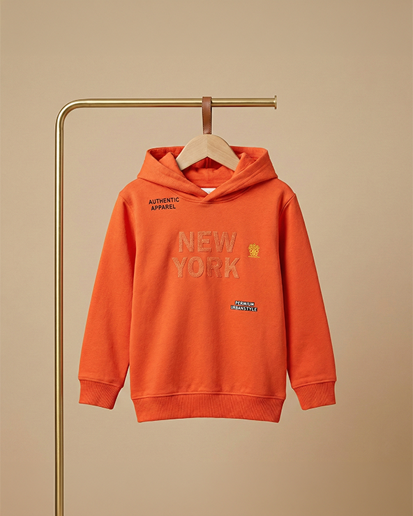 Orange cotton boys hooded sweatshirt with sequin text