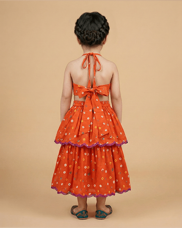 Orange Bandhani Embroidered V-Neck Top with Layered Lehenga Skirt for Girls - BYB PREMIUM