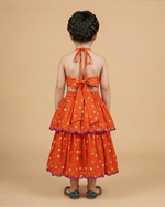 Load image into Gallery viewer, Orange Bandhani Embroidered V-Neck Top with Layered Lehenga Skirt for Girls - BYB PREMIUM
