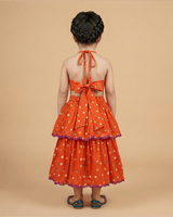 Orange Bandhani Embroidered V-Neck Top with Layered Lehenga Skirt for Girls - BYB PREMIUM