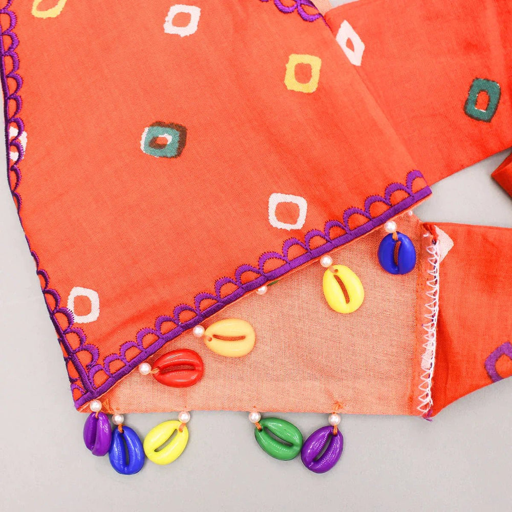 Orange Bandhani Embroidered V-Neck Top with Layered Lehenga Skirt for Girls - BYB PREMIUM