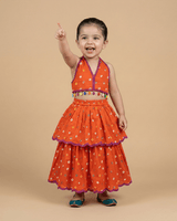 Orange Bandhani Embroidered V-Neck Top with Layered Lehenga Skirt for Girls - BYB PREMIUM