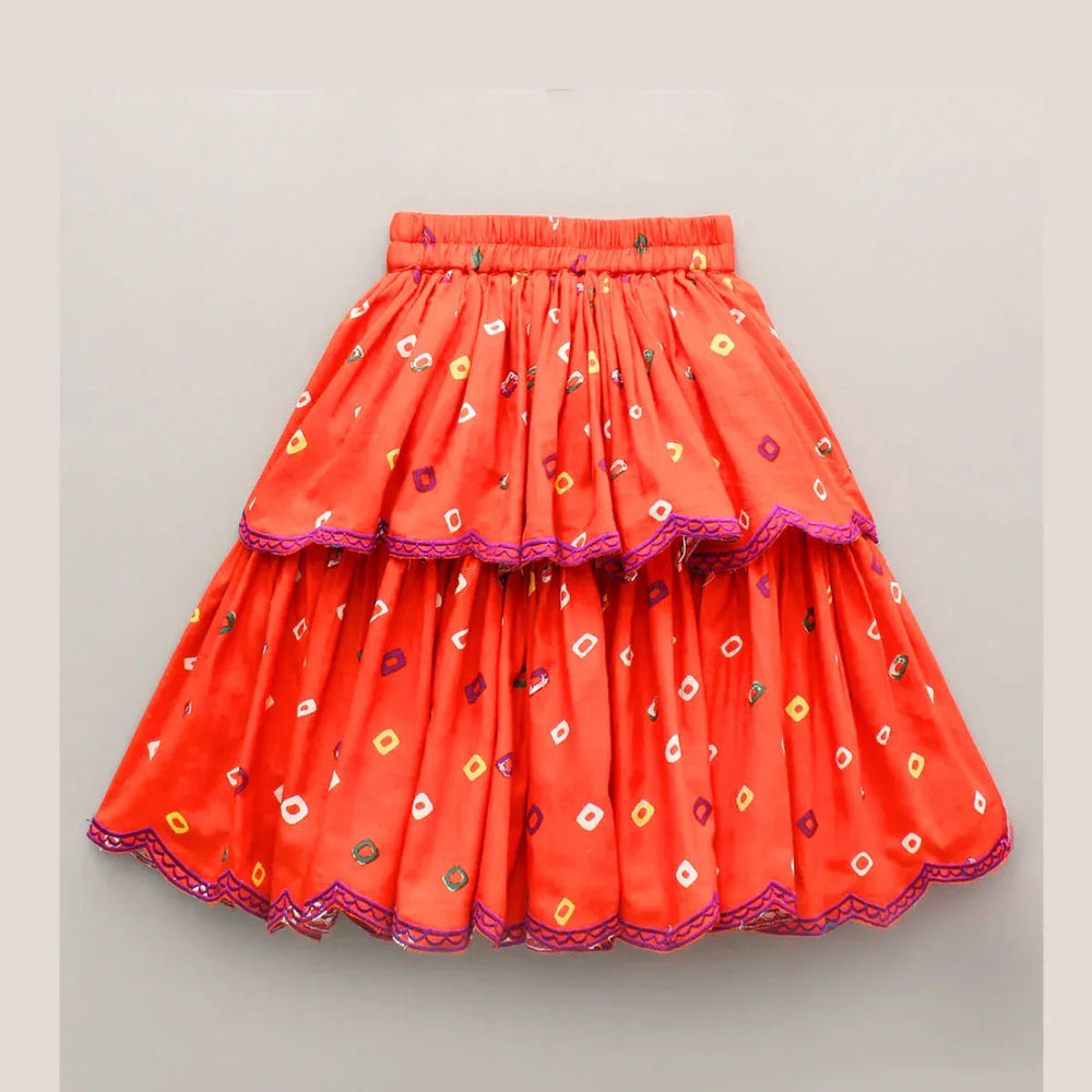 Orange Bandhani Embroidered V-Neck Top with Layered Lehenga Skirt for Girls - BYB PREMIUM