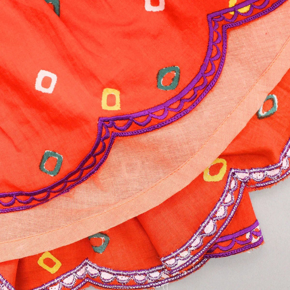 Orange Bandhani Embroidered V-Neck Top with Layered Lehenga Skirt for Girls - BYB PREMIUM