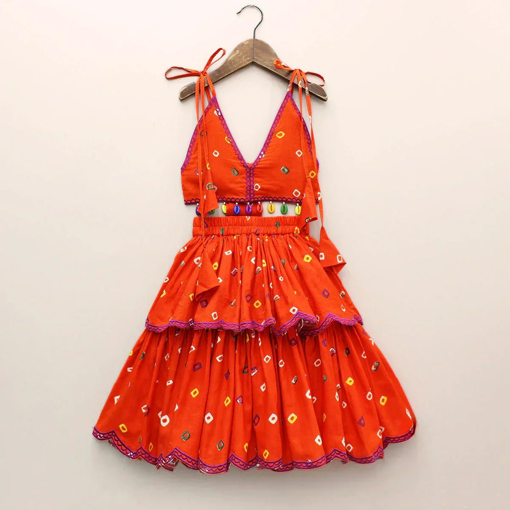 Orange Bandhani Embroidered V-Neck Top with Layered Lehenga Skirt for Girls - BYB PREMIUM