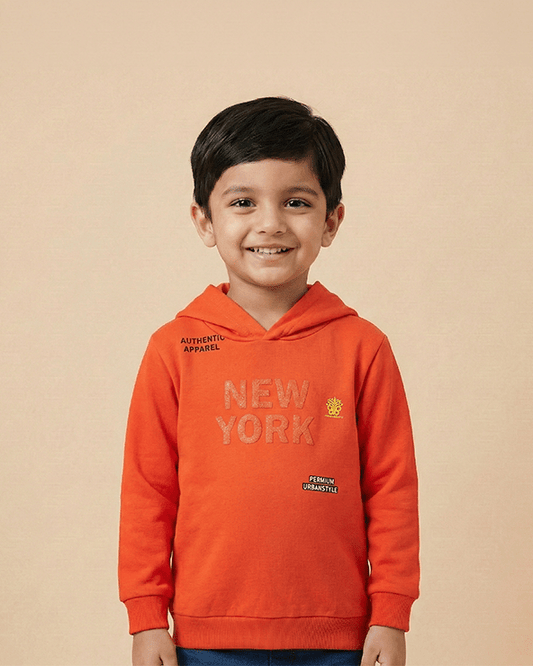 Orange Cotton Boys Hooded Sweatshirt with Sequin Text - BYB PREMIUM