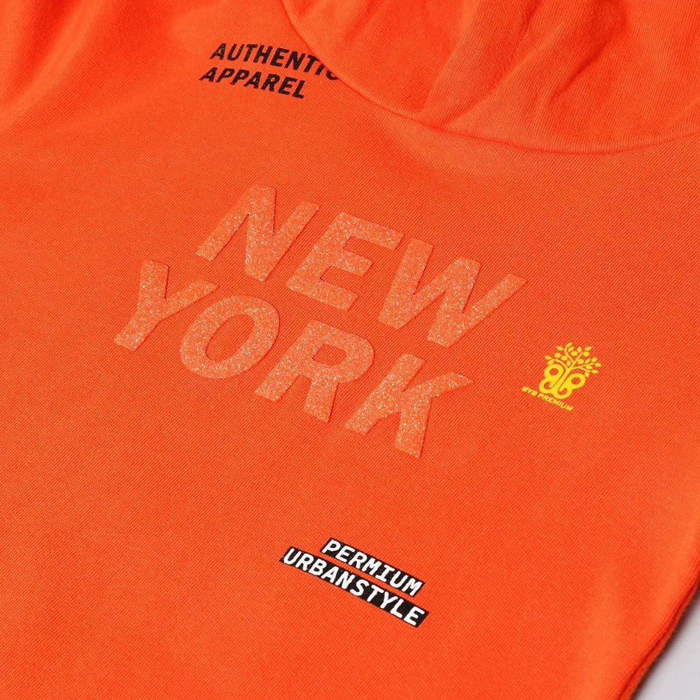 Orange Cotton Boys Hooded Sweatshirt with Sequin Text - BYB PREMIUM