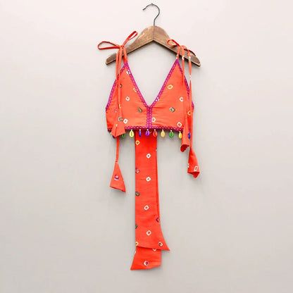 Orange Embroidered Orange bandhani V neck Top and layered skirt - BYB PREMIUM