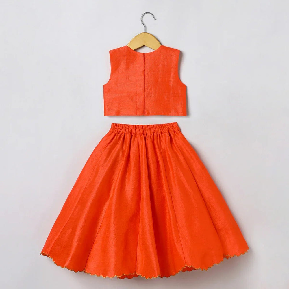 Orange Girls Lehenga Choli Set in Tussar Silk with Embroidery & Net Dupatta - BYB PREMIUM