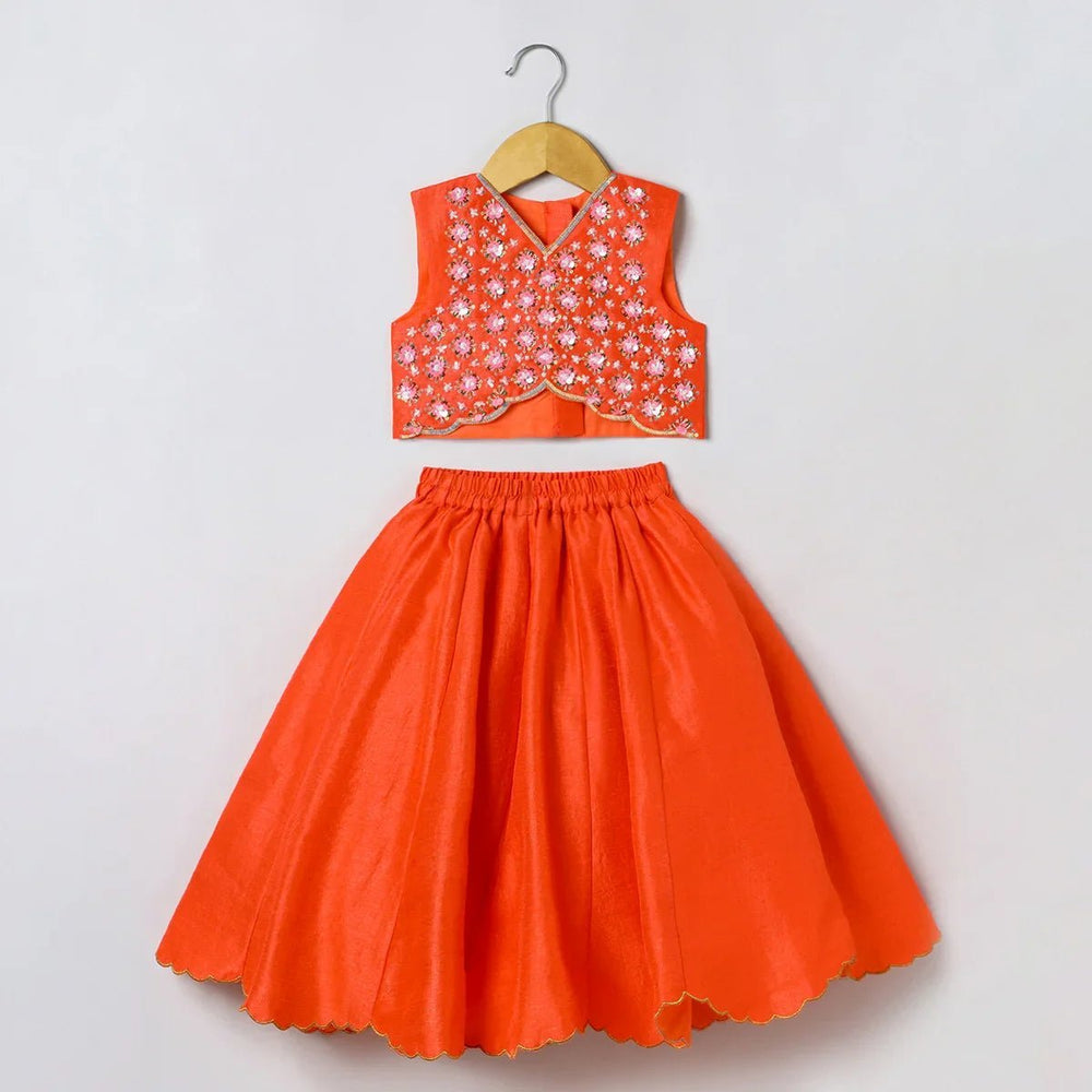 Orange Girls Lehenga Choli Set in Tussar Silk with Embroidery & Net Dupatta - BYB PREMIUM