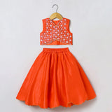 Orange Girls Lehenga Choli Set in Tussar Silk with Embroidery & Net Dupatta - BYB PREMIUM