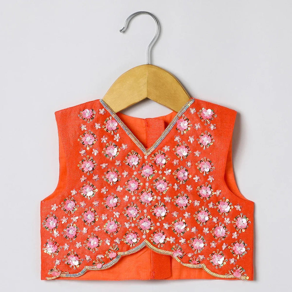 Orange Girls Lehenga Choli Set in Tussar Silk with Embroidery & Net Dupatta - BYB PREMIUM