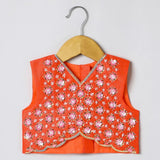 Orange Girls Lehenga Choli Set in Tussar Silk with Embroidery & Net Dupatta - BYB PREMIUM