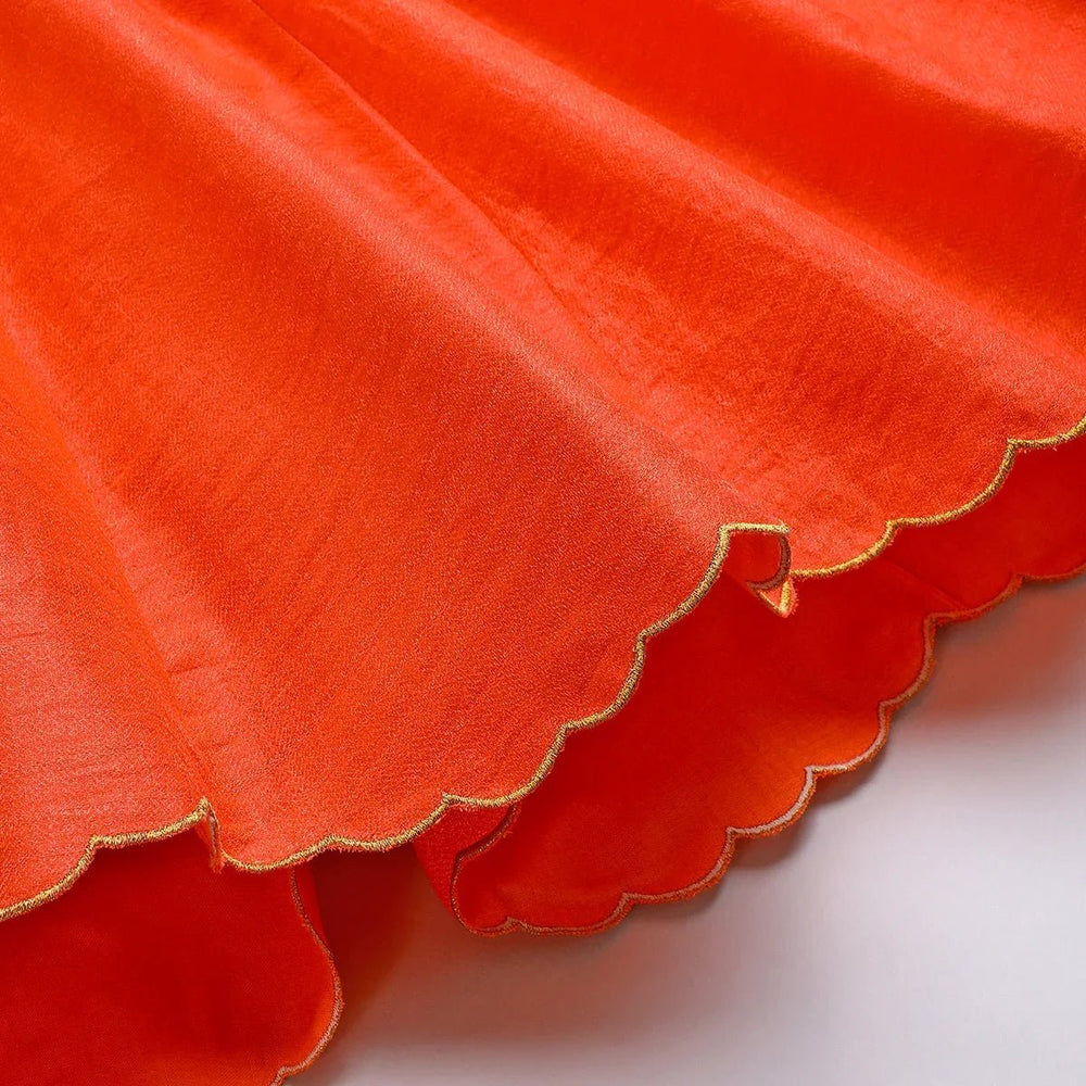 Orange Girls Lehenga Choli Set in Tussar Silk with Embroidery & Net Dupatta - BYB PREMIUM