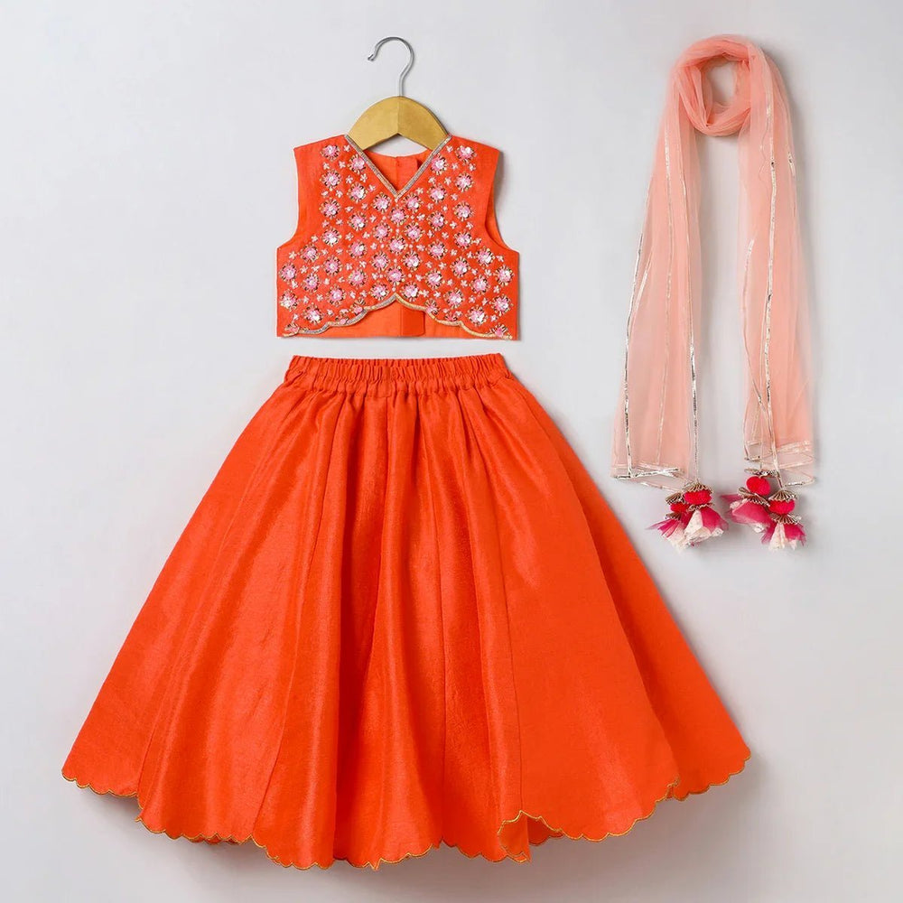 Orange Girls Lehenga Choli Set in Tussar Silk with Embroidery & Net Dupatta - BYB PREMIUM