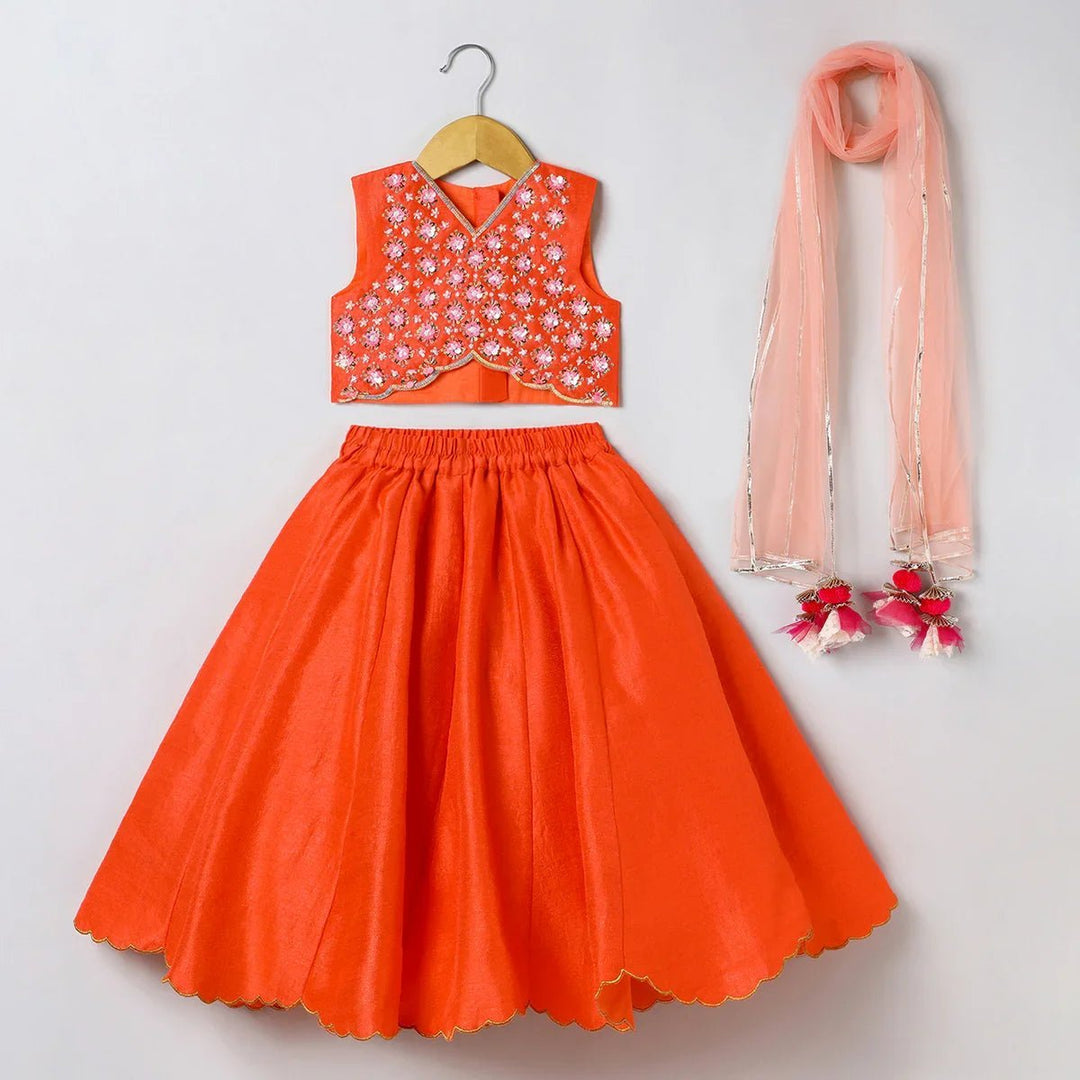 Orange Girls Lehenga Choli Set in Tussar Silk with Embroidery & Net Dupatta - BYB PREMIUM