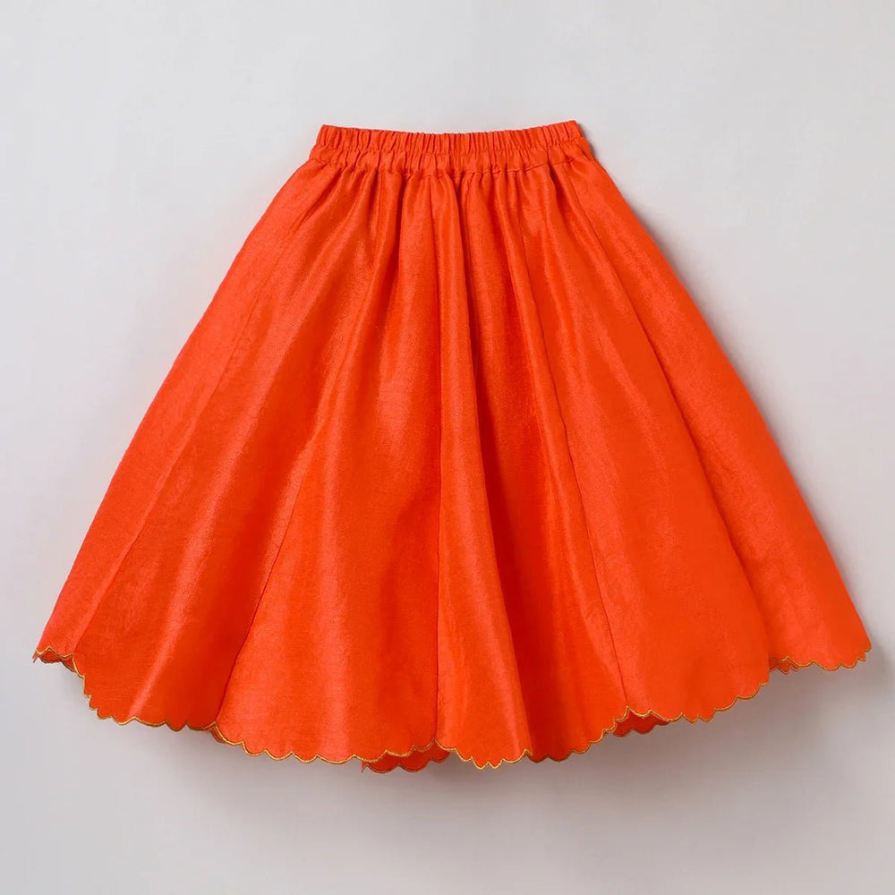 Orange Girls Lehenga Choli Set in Tussar Silk with Embroidery & Net Dupatta - BYB PREMIUM