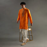 Load image into Gallery viewer, Orange Linen Kurta Set with Hand Embroidery - BYB PREMIUM
