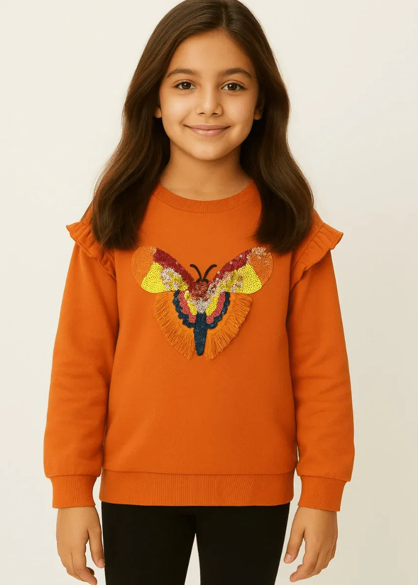 Orange Sweatshirt with Sequin Butterfly Embroidery - BYB PREMIUM