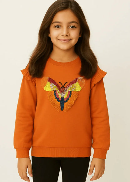 Orange Sweatshirt with Sequin Butterfly Embroidery - BYB PREMIUM