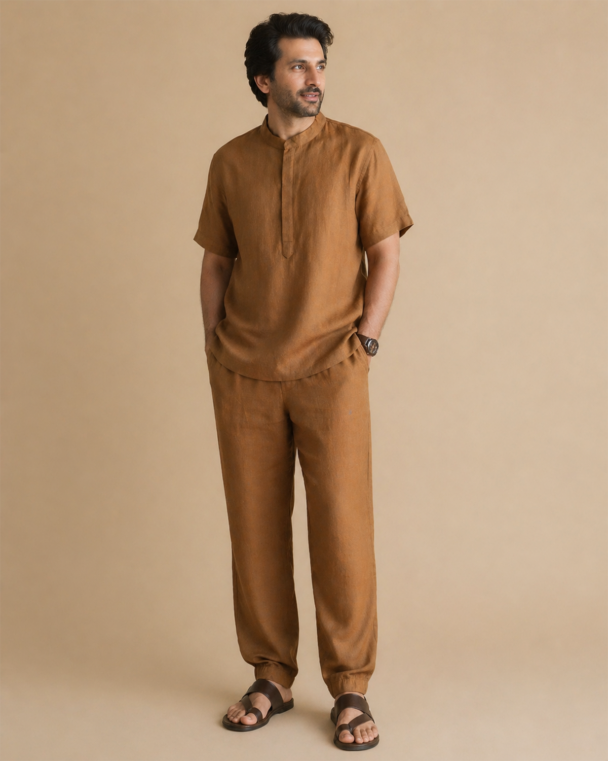 Men’s rust brown linen co ord set – short kurta top & jogger pants
