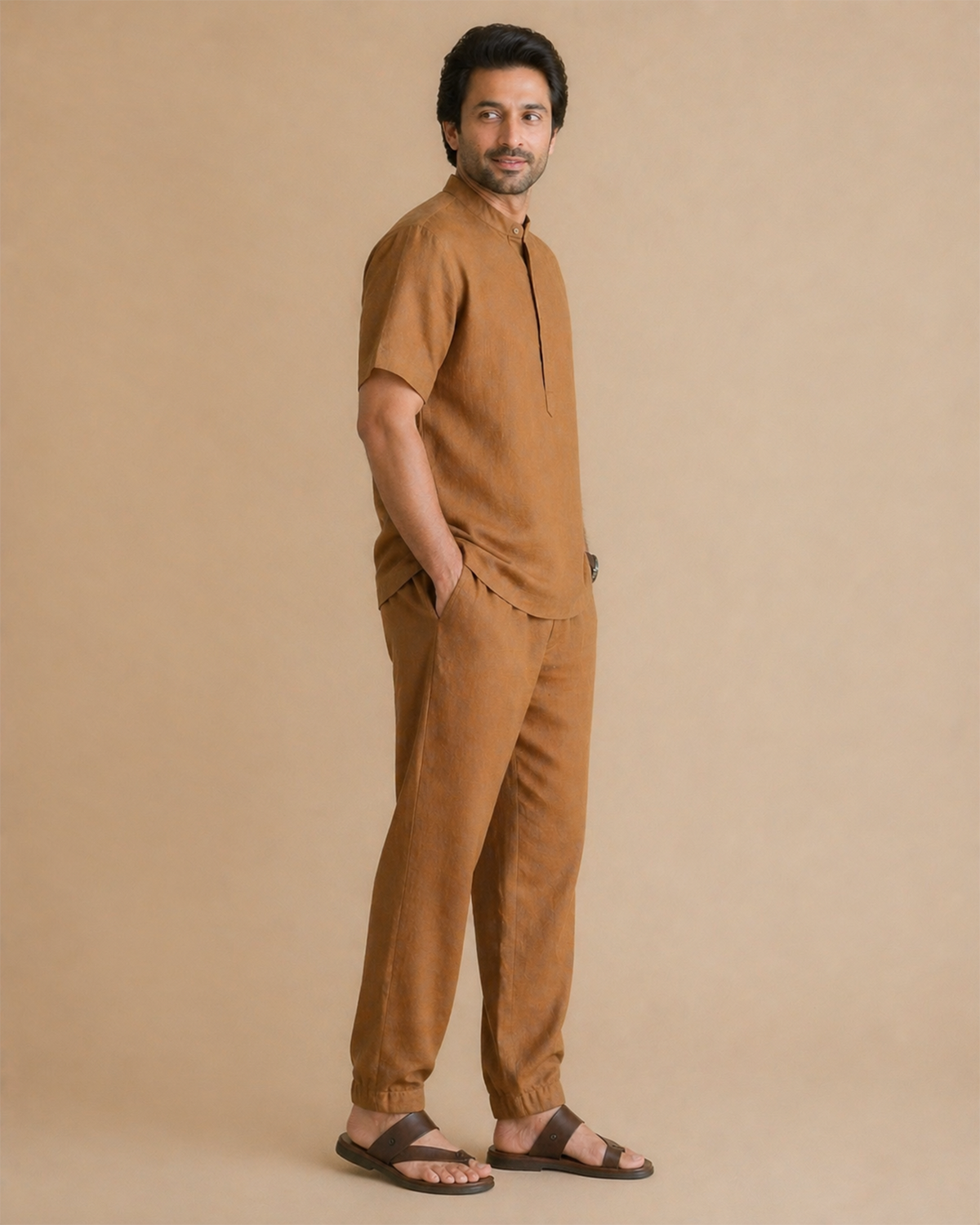 Men’s rust brown linen co ord set – short kurta top & jogger pants