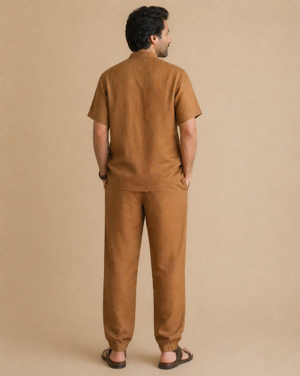 Men’s rust brown linen co ord set – short kurta top & jogger pants