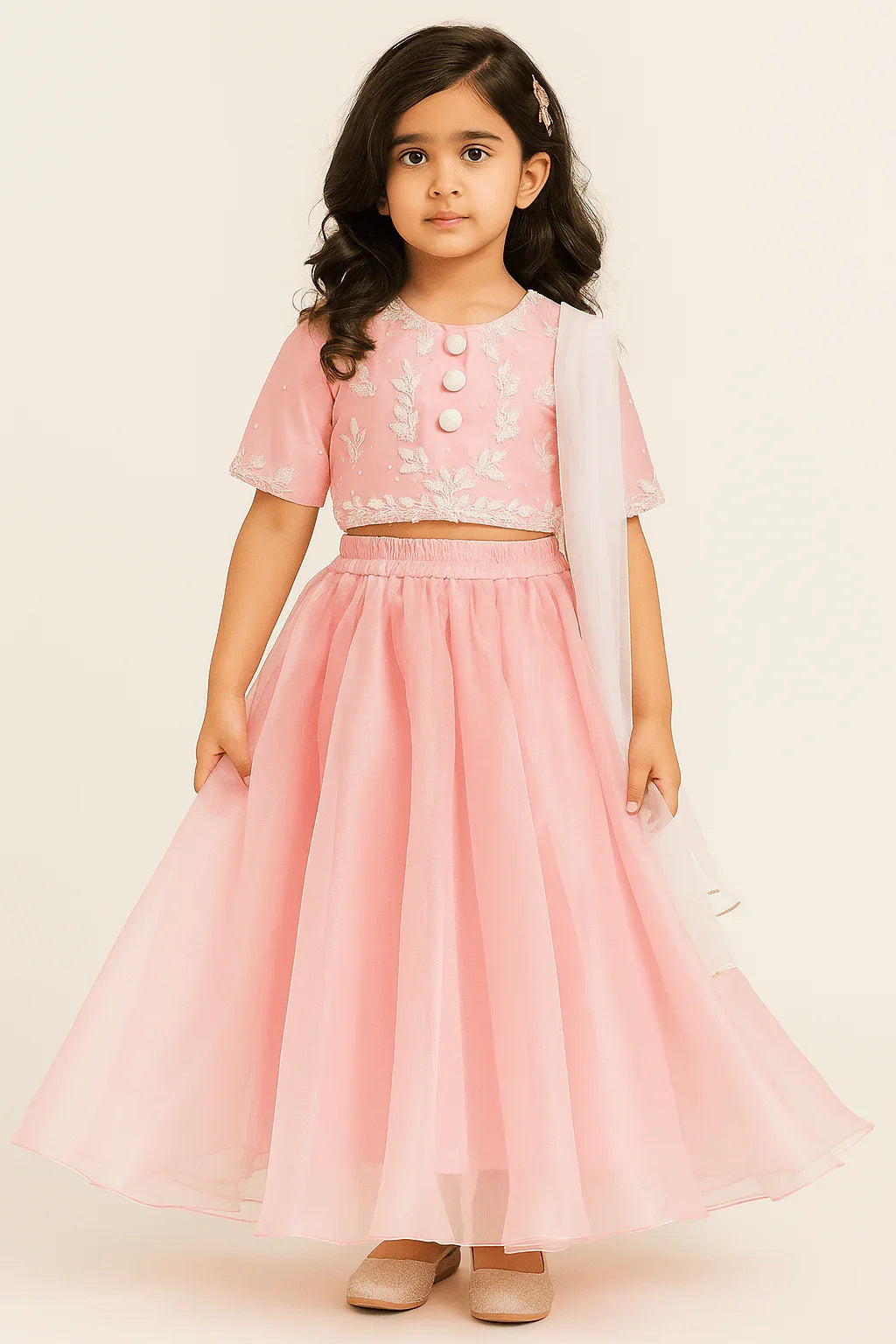 Pastel Pink & White Embroidered Lehenga Choli Set for Girls - BYB PREMIUM