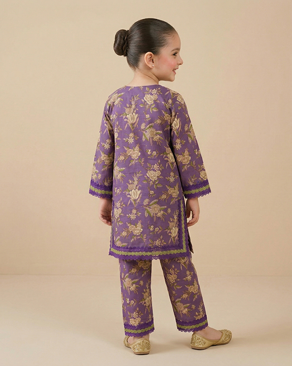 Girls purple pure cotton kurta pant set with floral print | premium cotton ethnic wear