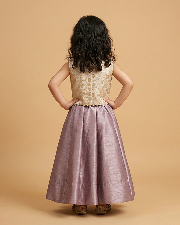 Lavender raw dupion silk girls dress with chanderi top & pearl embroidery
