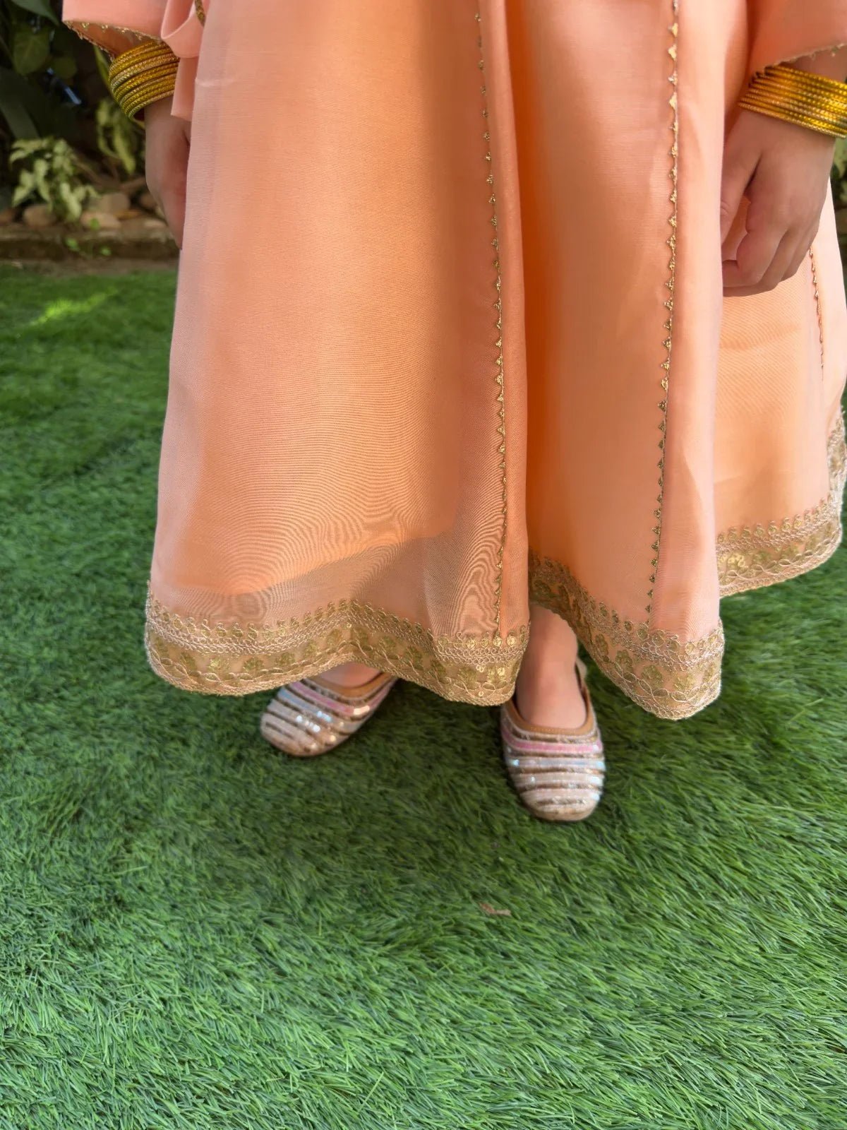 Peach chanderi silk anarkali for girls with hand embroidery   byb premium