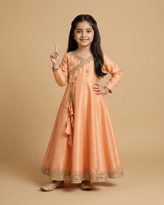 Peach Chanderi Silk Anarkali for Girls with Hand Embroidery - BYB PREMIUM