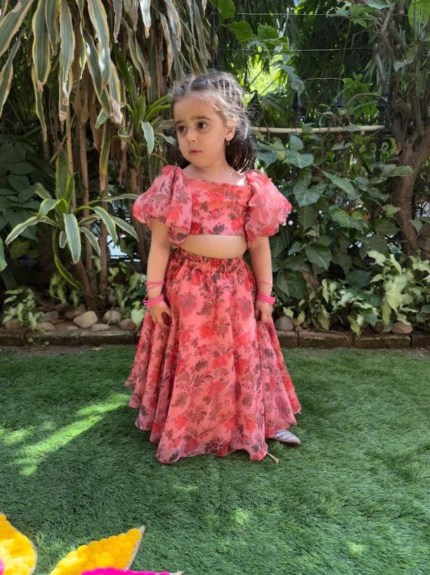 Peach Chiffon Printed Off-Shoulder Top and Skirt Set - BYB PREMIUM