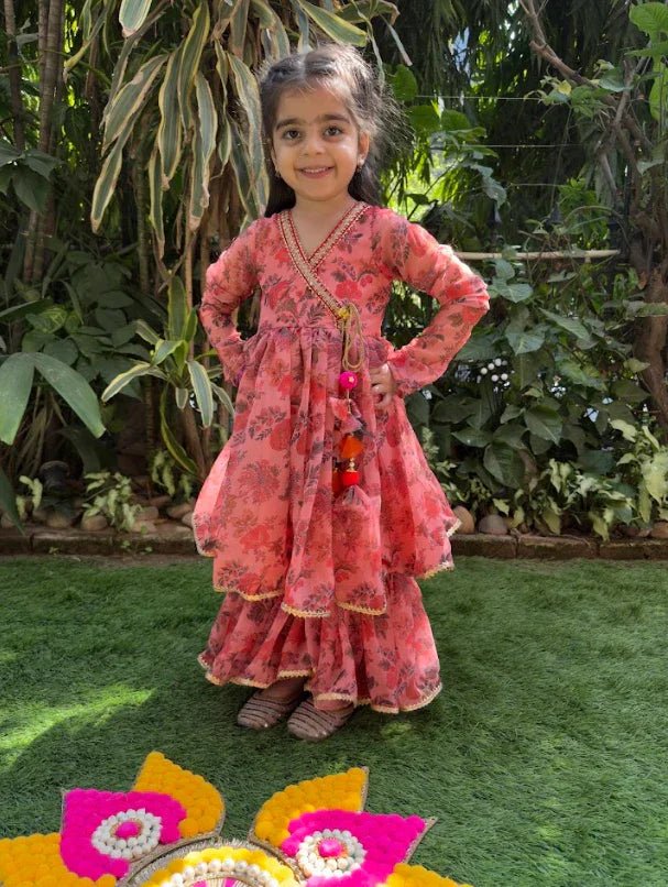 Peach Floral Chiffon Top Sharara Set for Girls - BYB PREMIUM