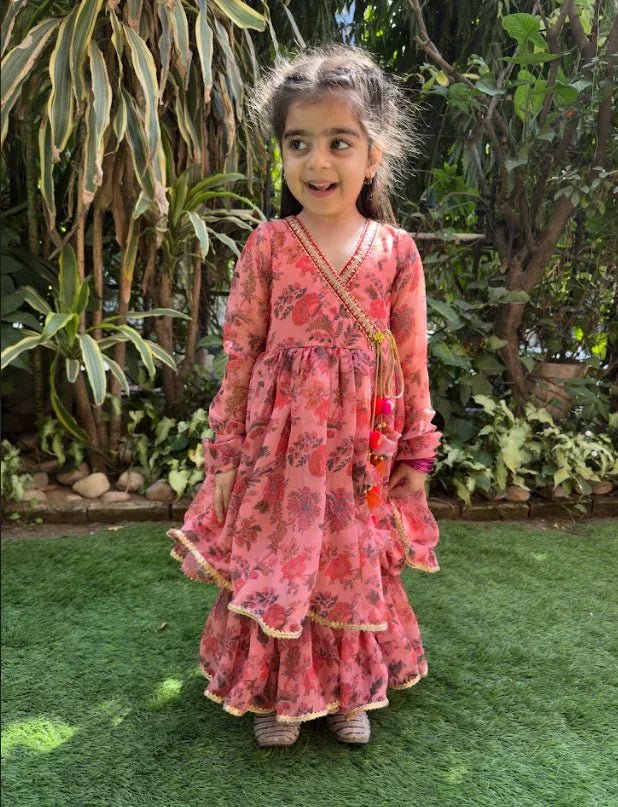 Peach Floral Chiffon Top Sharara Set for Girls - BYB PREMIUM