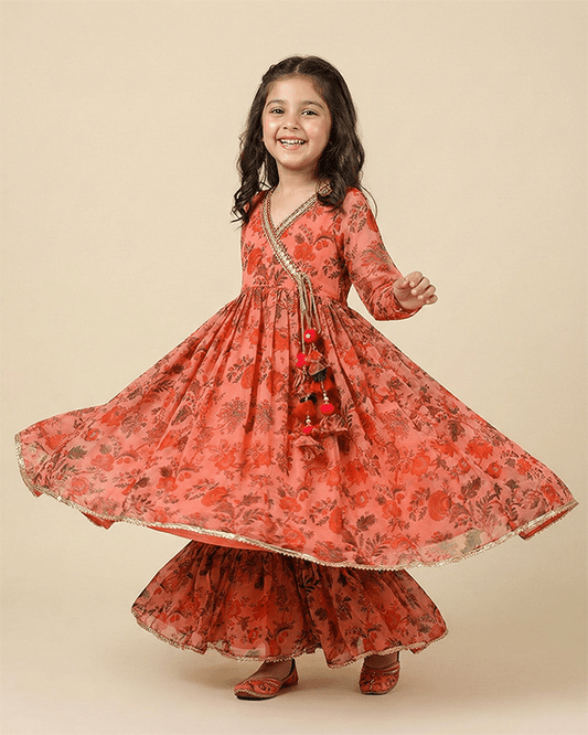 Peach Floral Chiffon Top Sharara Set for Girls - BYB PREMIUM