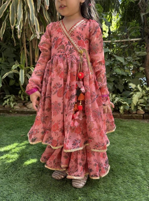 Peach Floral Chiffon Top Sharara Set for Girls - BYB PREMIUM