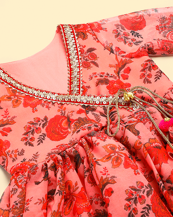 Peach Floral Chiffon Top Sharara Set for Girls - BYB PREMIUM