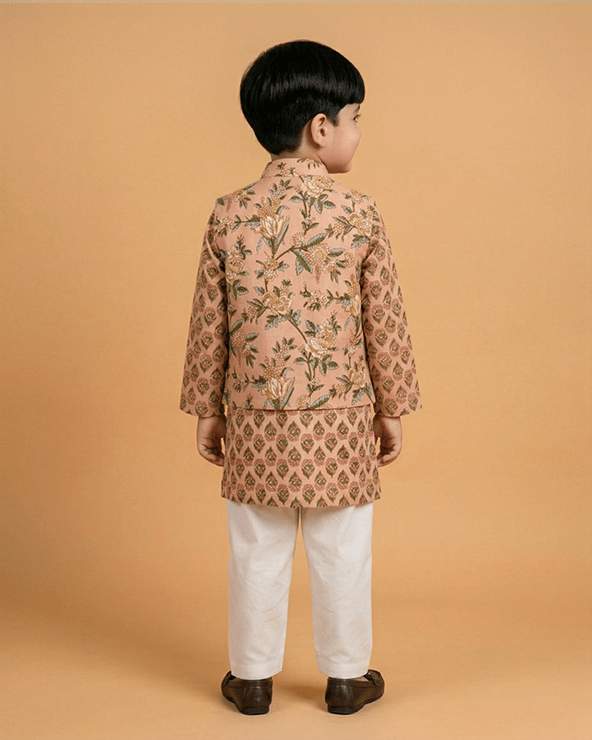 Peach Floral Print Boys Kurta Set with White Pajama | Premium Cotton Ethnic Wear - BYB PREMIUM