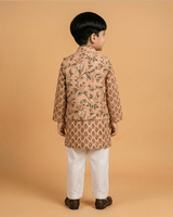 Peach Floral Print Boys Kurta Set with White Pajama | Premium Cotton Ethnic Wear - BYB PREMIUM