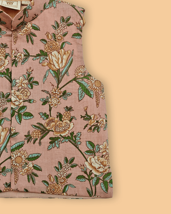 Peach Floral Print Boys Kurta Set with White Pajama | Premium Cotton Ethnic Wear - BYB PREMIUM