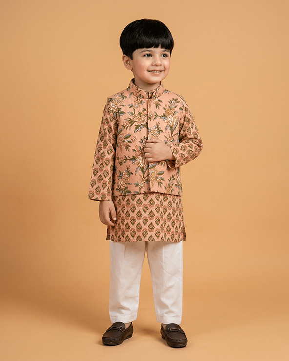 Peach Floral Print Boys Kurta Set with White Pajama | Premium Cotton Ethnic Wear - BYB PREMIUM