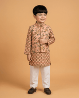 Peach Floral Print Boys Kurta Set with White Pajama | Premium Cotton Ethnic Wear - BYB PREMIUM